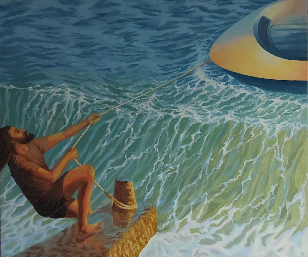 Kapetan i nemirno more, ulje na platnu, 110cm x 130cm, 2024