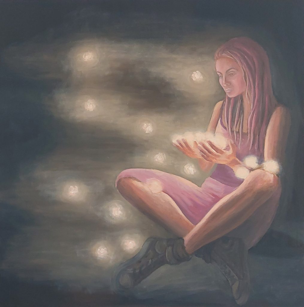 Djevojka s krijesnicama, ulje na platnu, 100cm x 100cm, 2024